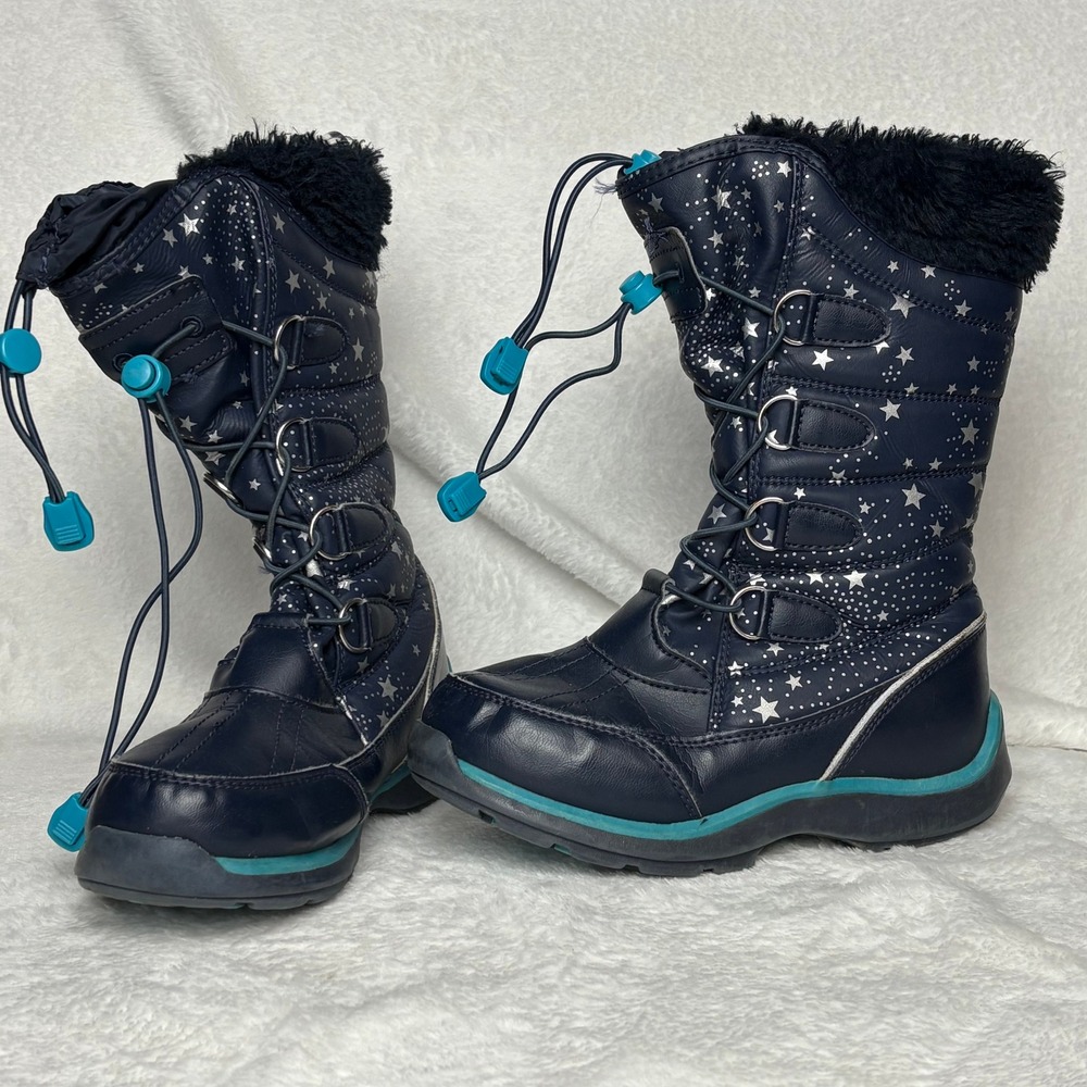 Lands' End Kids Navy Blue Star Print Winter Snow Boots Fur Trim Warm Waterproof